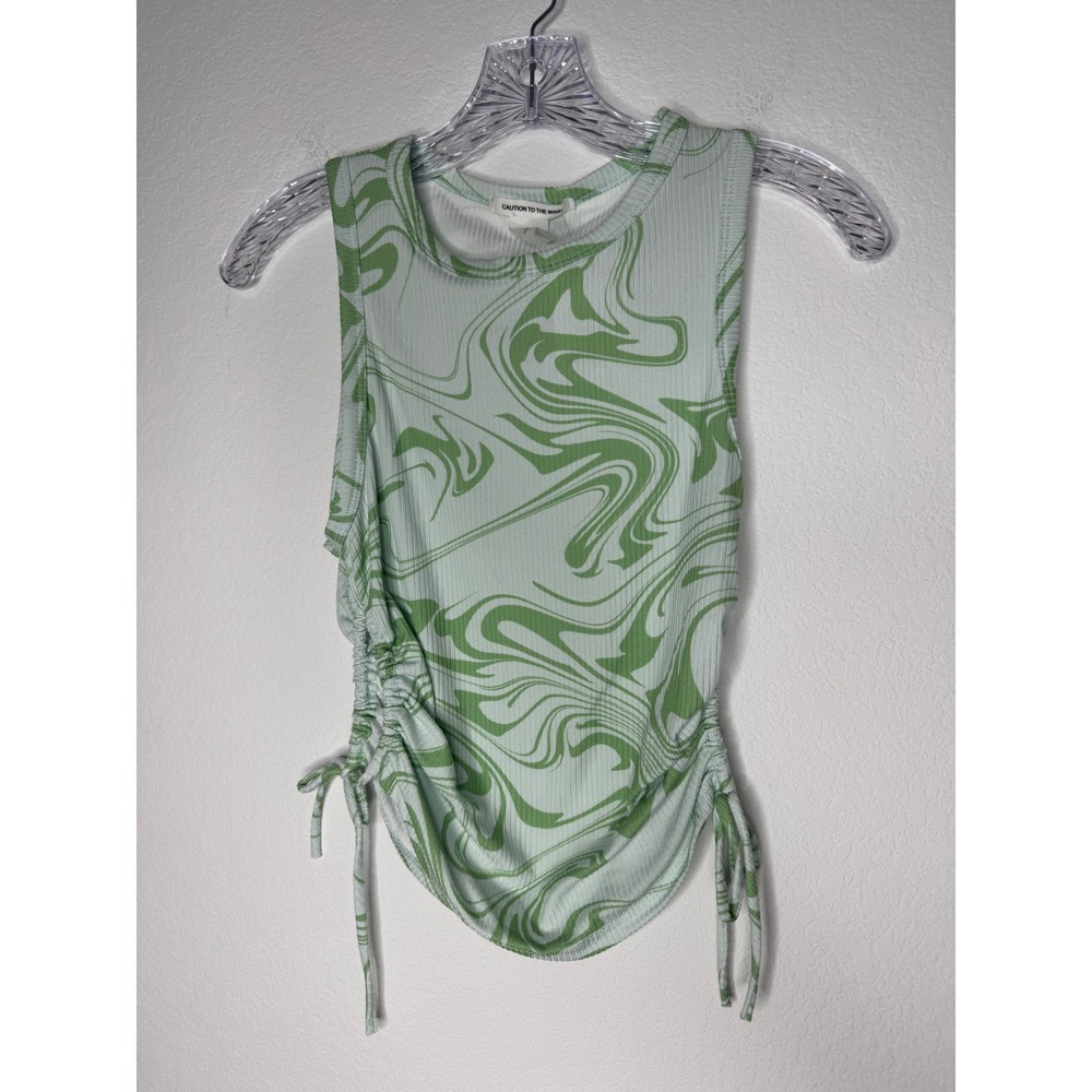 Caution To The Wind Green Swirl Ruched Side Ribbed Tank Top Womens Size S NEW